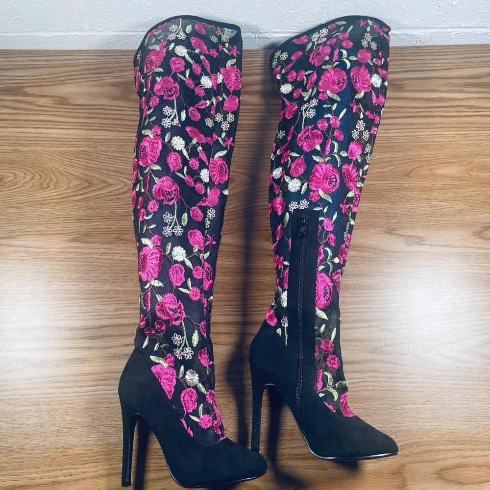 Women's Embroidered Over The Knee Boots Black Pink Floral Stiletto Heel Size 6‎